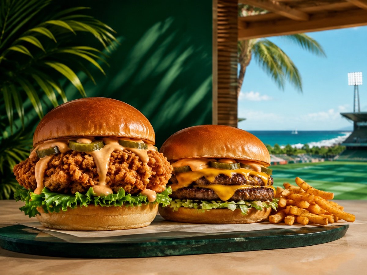 Go Big crispy chicken and beef burgers with seasoned fries