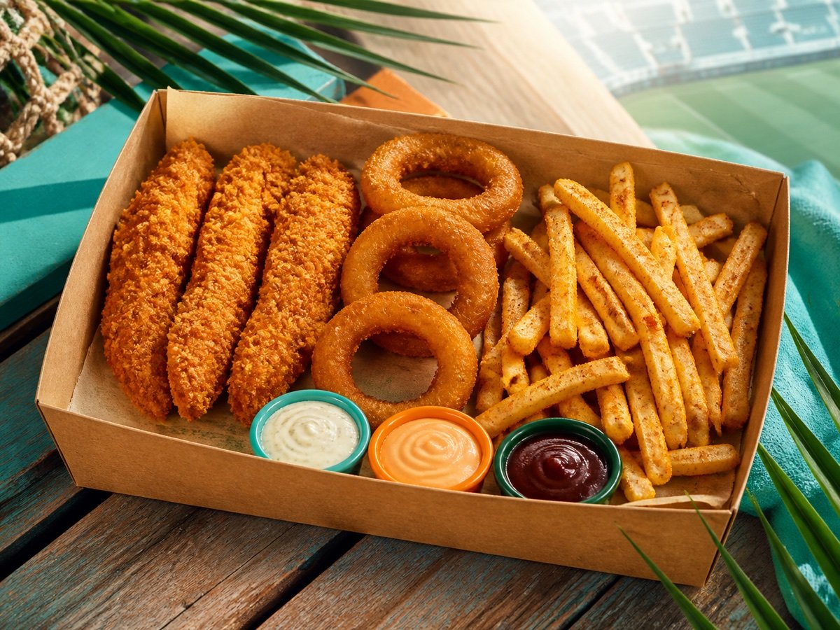Triple Threat 3-3-3 Box with three tenders, three onion rings, three dips and Shake Fries