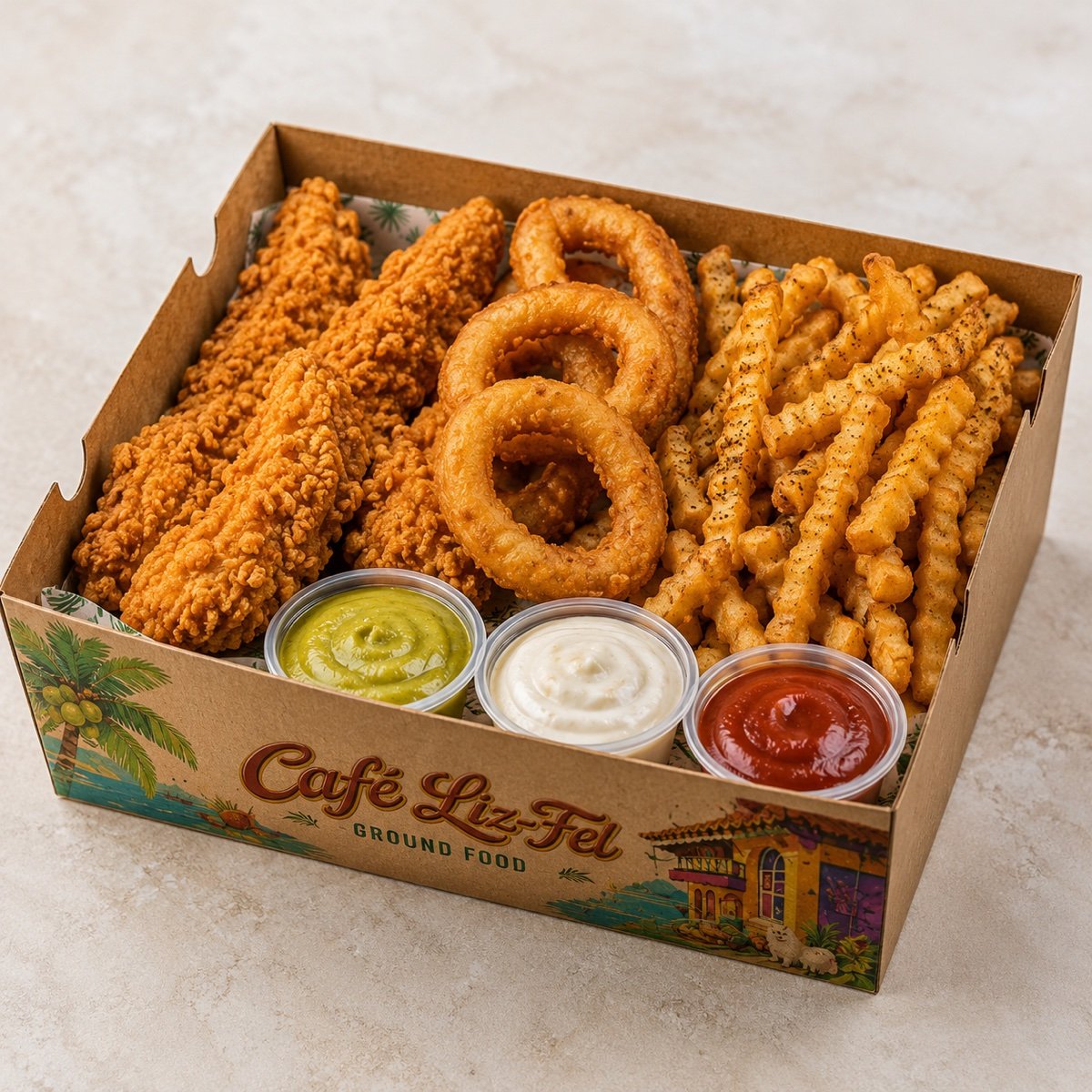 Triple Threat 3-3-3 Box with three tenders, three onion rings, three dips and Shake Fries