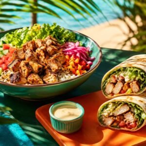 Court Box chicken rice salad and toasted Court Wrap