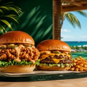 Go Big crispy chicken and beef burgers with seasoned fries