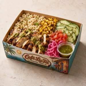 Chargrilled chicken, seasoned rice and fresh salad
