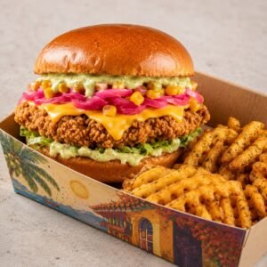 Crispy chicken burger with seasoned fries