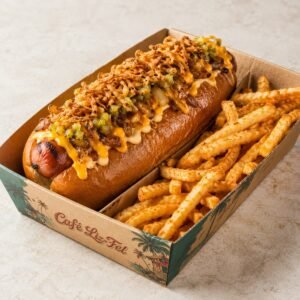 Loaded halal beef hot dog with seasoned fries
