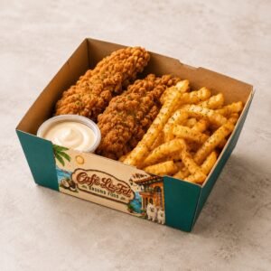 Crispy chicken tenders and seasoned fries